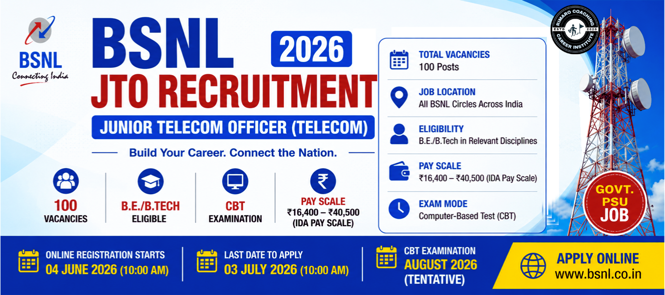 BSNL JTO Recruitment 2026 Notification Out – Apply Online for 100 Junior Telecom Officer Posts